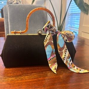 Vintage Black Bag Brown Lucite Handle Mid Century